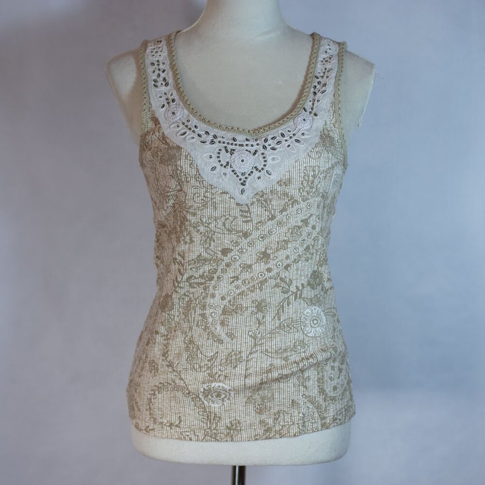 Tribal Womens Top Embroidered Beaded Rib Camisole Ecru Size M